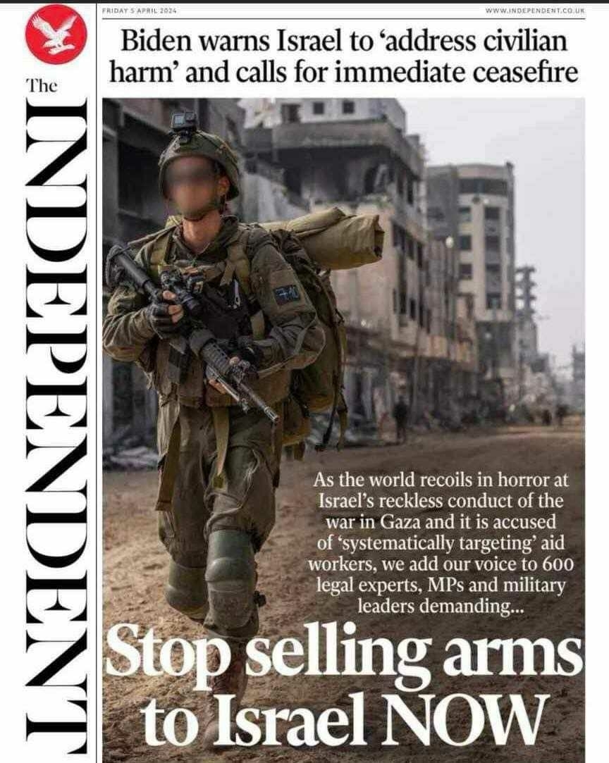 Front page of today's Independent newspaper, headlines: Biden calls for immediate ceasefire in Gaza, and UK legal experts, lawmakers and military leaders call for a ban on arms sales to Israel.