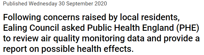 Screenshot from an Internet Archive page of Ealing Council’s statement on PHE Southall Waterside Risk Assessment