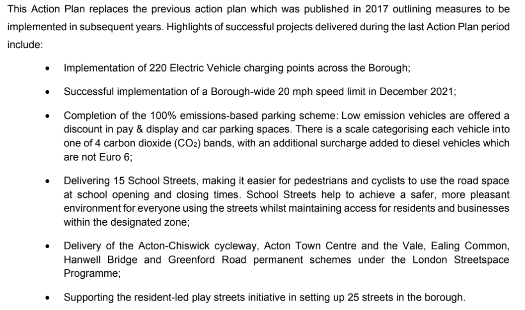 Screenshot from Ealing’s draft Air Quality Action Plan evaluating success of previous action plan