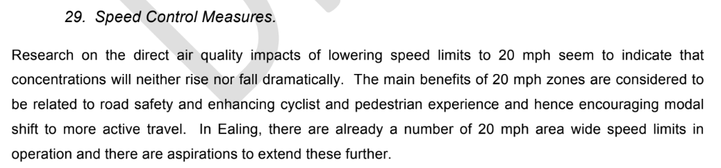 Screenshot from Ealing’s 2017-22 Air Quality Action Plan stating that speed control measures don’t reduce air pollution