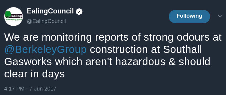 Auto-generated description: Ealing Council tweets that they are monitoring reports of strong odours at a Berkeley Group construction site in Southall Gasworks, assuring the odours aren't hazardous and should clear in a few days.