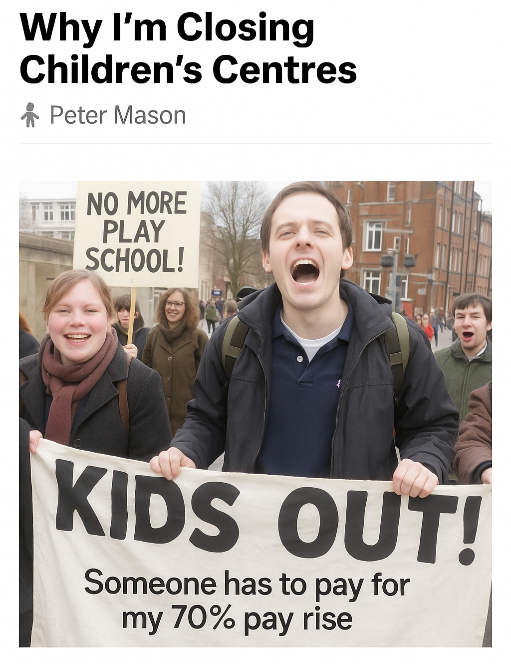 Auto-generated description: A group of people are holding signs in a protest, with one reading KIDS OUT! Someone has to pay for my 70% pay rise and another reading NO MORE PLAY SCHOOL!.