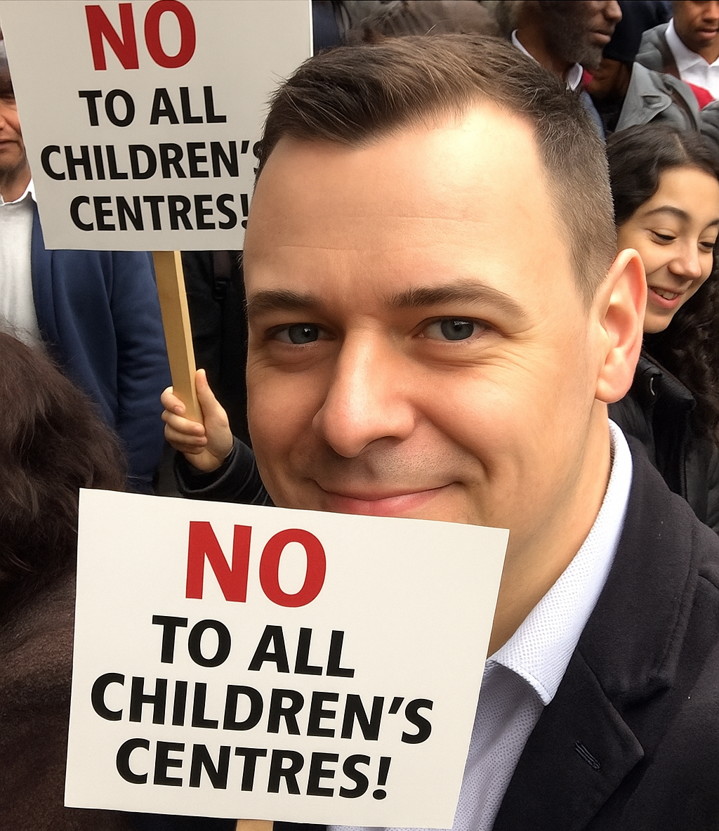 Auto-generated description: A person is smiling while holding a sign that says NO TO ALL CHILDREN'S CENTRES amidst a crowd.