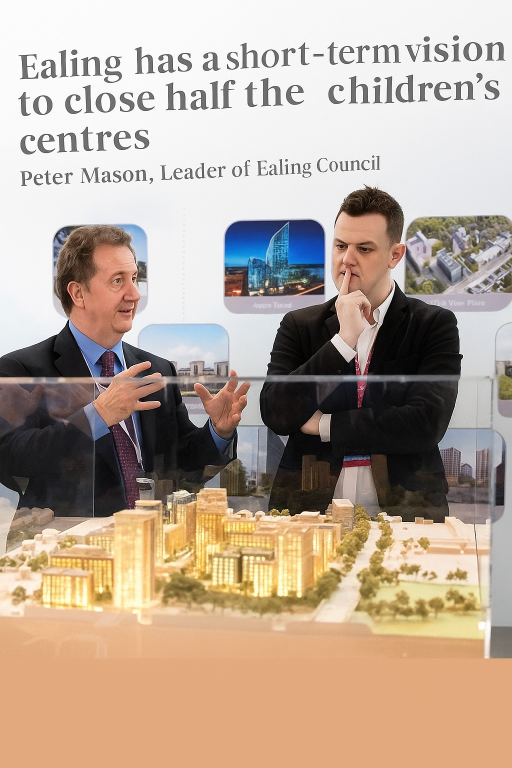 Auto-generated description: Two men are discussing next to an illuminated architectural model, with a display board about Ealing's short-term vision in the background.
