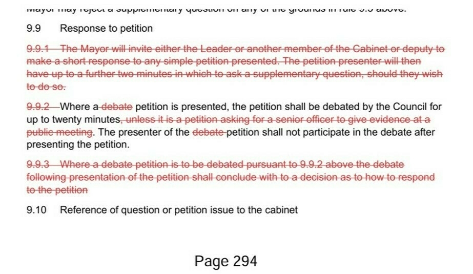 Auto-generated description: The document contains redlined text showing revisions related to the procedures for responding to petitions and presenting debates before the Council.