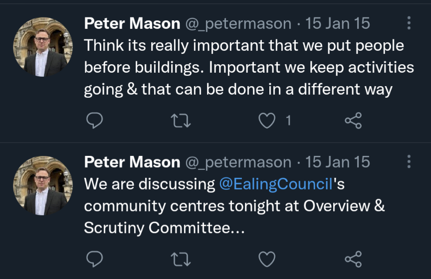 Auto-generated description: A tweet by Peter Mason emphasizes prioritizing people over buildings and discusses Ealing Council's community centers at a committee meeting.