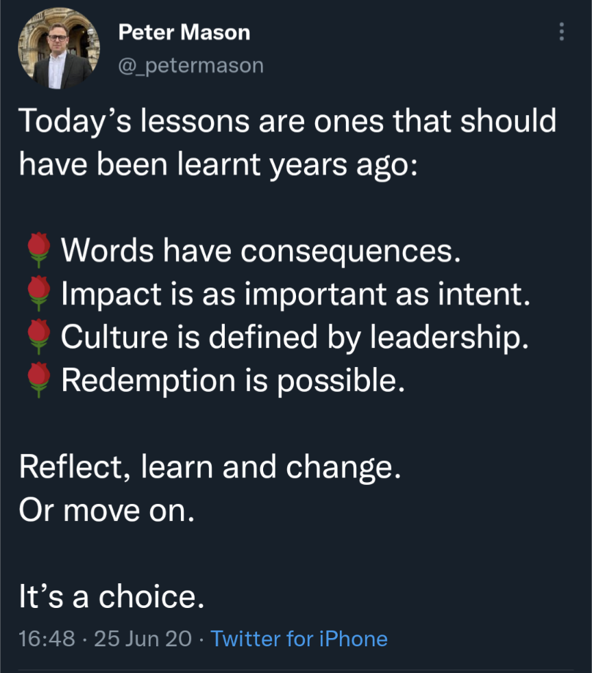 Auto-generated description: A Twitter post emphasizes the importance of learning lessons about the consequences of words, the significance of impact, leadership in culture, and the possibility of redemption, encouraging reflection or change.