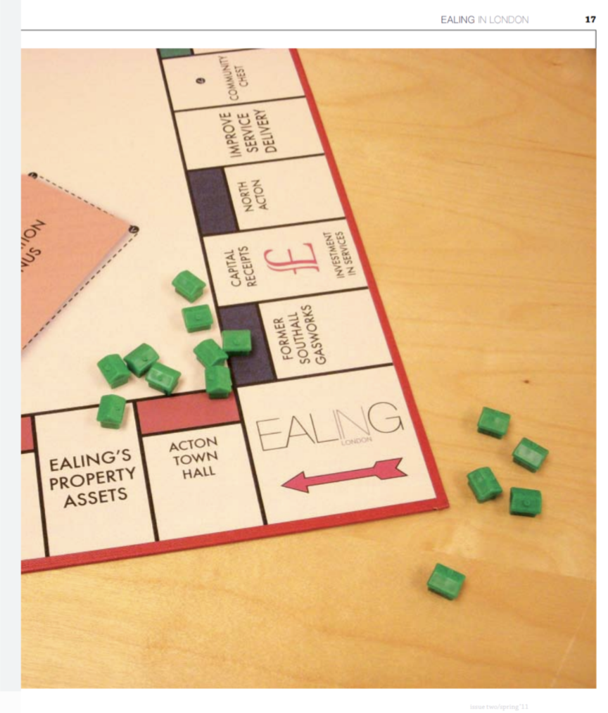 Auto-generated description: A Monopoly game board is shown with green houses scattered on the board and the surrounding table.
