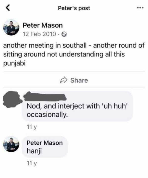 Auto-generated description: A social media post humorously discusses attending a meeting where Punjabi is spoken, with a suggestion to nod and interject occasionally.