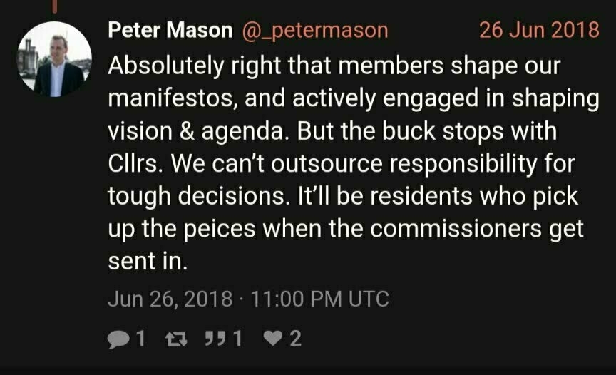 Auto-generated description: A tweet by Peter Mason discusses the importance of members shaping manifestos and taking responsibility for decisions, emphasizing the role of residents.