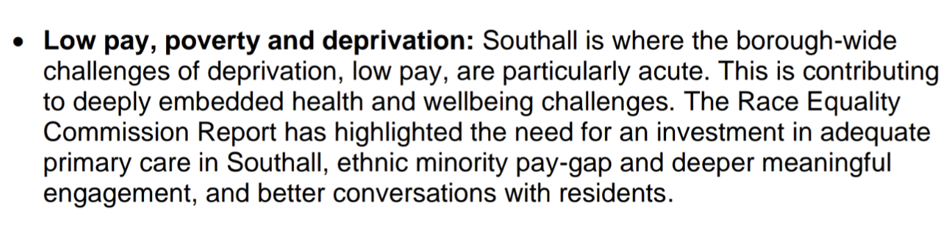 Auto-generated description: Challenges in Southall include deprivation, low pay, and the need for improved primary care and community engagement.